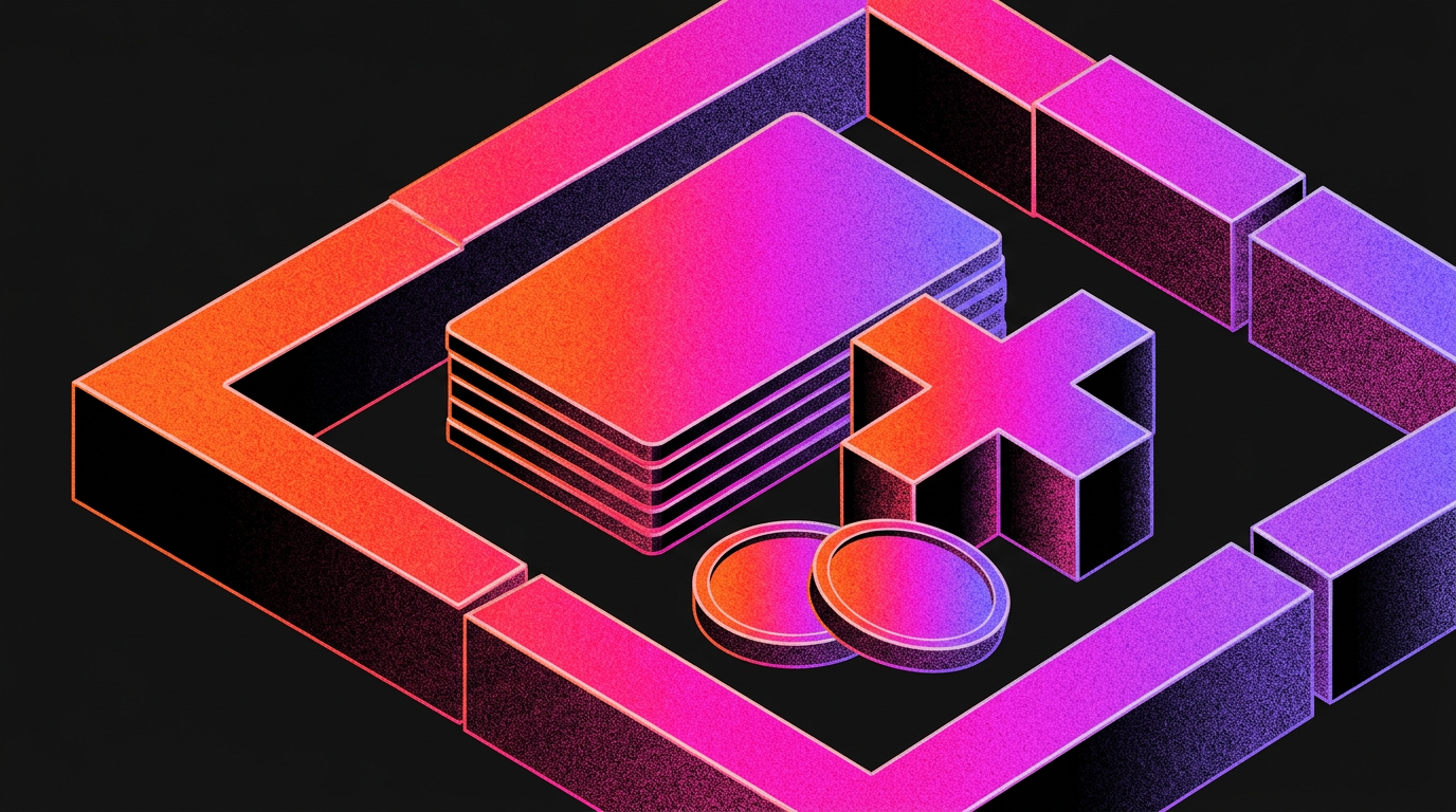 Isometric stack of trading card slabs inside a frame of grainy orange and violet blocks
